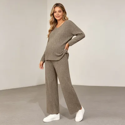 Custom Elastic Pregnant Woman Ribbed Loungewear Set 2 Piece V Neck Knit Womens Maternity Pajamas Clothing Manufacturers