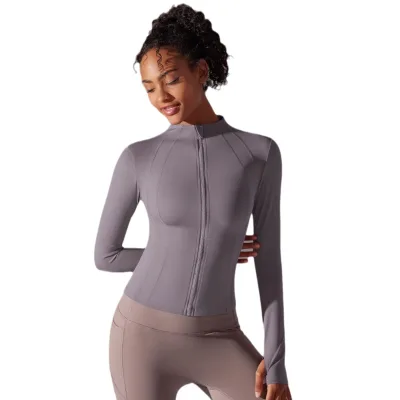 Women's Sporty Long Sleeve Yoga Top New Pure Color Brushed Sports Coat Zip Tight Stand Collar Solid Fitness Running Clothing