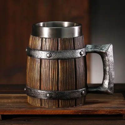 New German-style Oversized Resin-barrel Beer Mug Distinctive Handcrafted Wood-look Water Cup Large-capacity