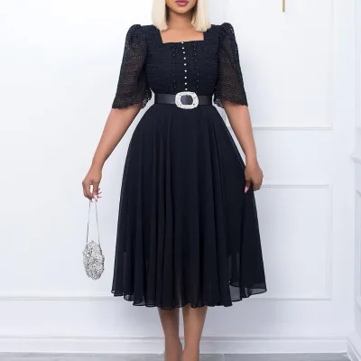 High Quality Fashion Casual Dresses Patchwork Chiffon Nail Beaded Dress Celebrities African Dress With Free Belt