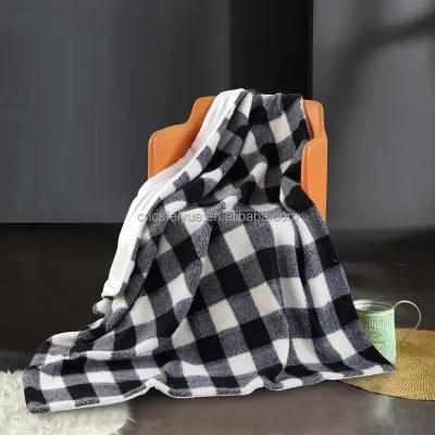 FY Custom Plaid Checkered Design Super Soft and Warm Double-Sided Sherpa Flannel Blanket Winter Floral Throw-100% Polyester