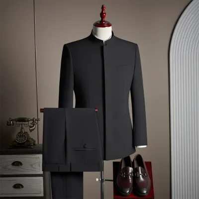 Chinese-style New Traditional Mandarin-collar Zhongshan Suit Single Breasted Non-iron Hidden Placket Mens Suit Set Grooms