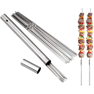 304 Stainless Steel 13.2" Long Flat Skewers BBQ Sticks with Portable Metal Storage Tube Reusable for Grilling Kitchen Party