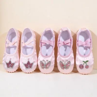 Girls Kids Satin Ballet Shoes Embroidered Cartoon Soft Sole Dance Footwear for Training & Stage Performance