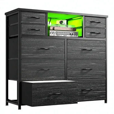 10 Drawers LED Light Power Outlet Open Shelves Fabric Metal Frame Grain Black for Bedroom Hallway Living Room