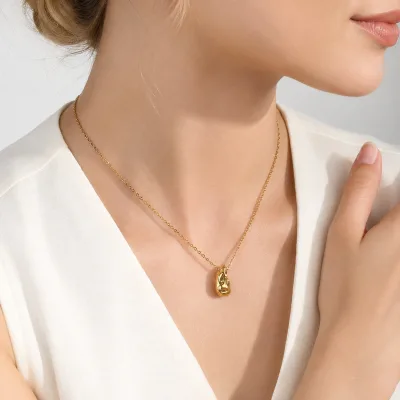 Wholesale 18K PVD Gold Stainless Steel Organic Hollow Teardrop Pendant Necklace, Waterproof Statement Jewelry for Women