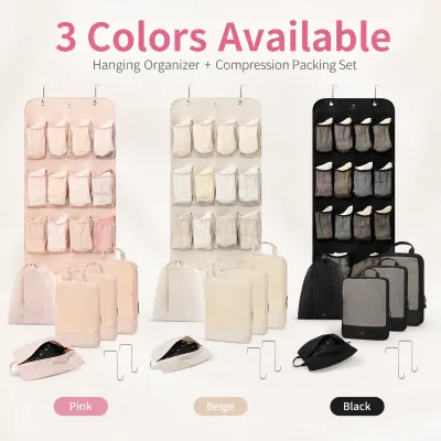 6-Piece Compression Packing Cube Set with Hanging Organizer and Shoe Bag Space-Saving Travel Luggage Organizer for Clothes