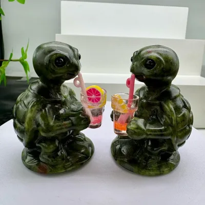 Wholesale Natural Green Stone Turtle Drinking Red Wine Carving Statue Healing Stone for Decoration