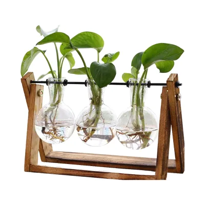 Retro Tabletop Hydroponics Home Garden Office Decoration 3-Bulb Vase Terrarium Wooden Stand Air Planter Bulb Glass