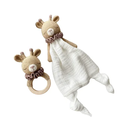 Giraffe Sleeping Comforter, Muslin Baby Set,Giraffe Rattle Teether, Newborn Soft Toy, Organic Baby Set