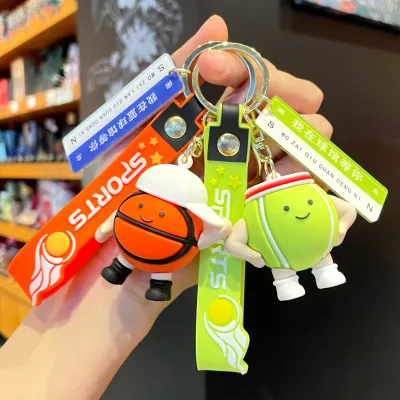 Creative Football Basketball Compass Keychain 3D Shape Soft PVC UV Printed Sports Themed Backpack Accessories Key Chain