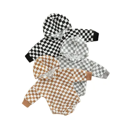 2025 High Quality Wholesale Spring Hoodie Baby Plaid Long Sleeve Oversize Baby Sweatshirt Print Checkered Hoodie Romper
