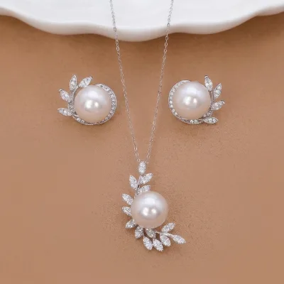 10-11mm Natural Round Freshwater Pearl Marquise Zircon Foliage Motif Drop Pendant & Stud Earrings 2-Piece Set Solid 925 Silver