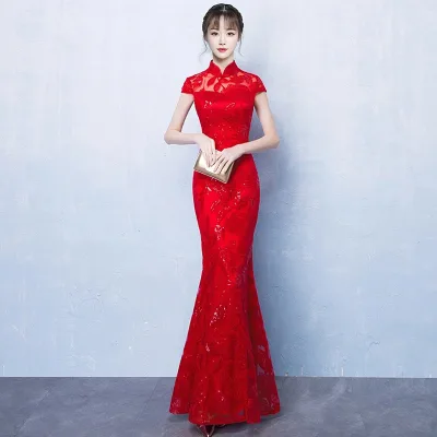 Vintage Red  Lace Mermaid Chinese Style Lady Cheongsam Long Tight Elegant Dress Big Size 5XL Vestidso Dress