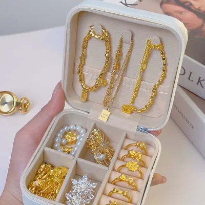 Wholesale Vintage Lady Fashion PU Leather Zipper Closure Portable Jewelry Storage Box for Earrings Necklace Bracelet Ring