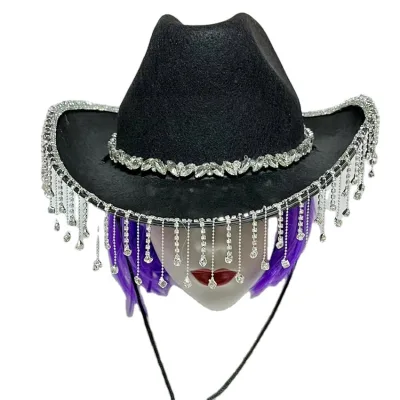 Wedding Party Bride Cowgirl Hat Black Western Rhinestone Fringe Cowboy Hat