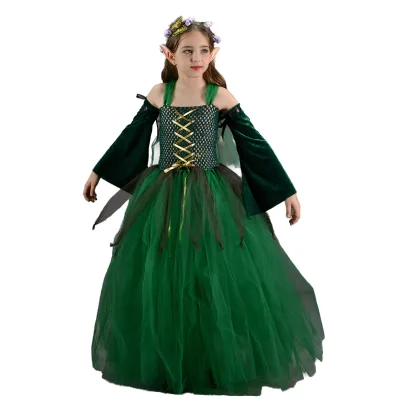 Forest Elf Girl Dark Green Long Dress Halloween Fairy Plays Cossuit Mori Dress Lolita Anime Cosplay Costume