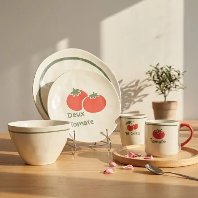Spring Summer Tomato Fruit Series Stoneware Plate Set Customized Creative Harvest Festival Tableware Oven Safe Dishwasher Safe