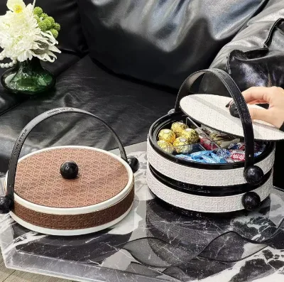 Leather-style Vintage Retro Nostalgic Round Ceramic Tray Lid Rotating Design Portable Serving Dish Fruits Snacks Party Use