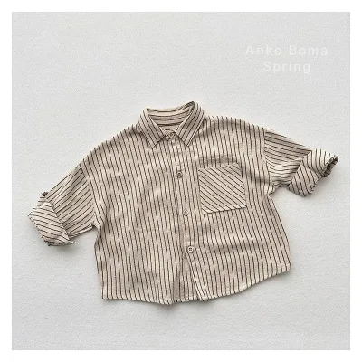 Spring and Autumn New Korean Version Children's Art Style Lapel Vertical Striped Shirt Boys and Girls Soft Waxy Shirt