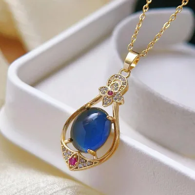 Vintage 18K Gold Plated Blue Amber Pendant Necklace Howl's Moving Castle Inspired Thermochromic Mood Stone Jewelry for Women
