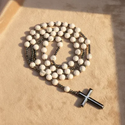 33 Beads White Turquoise Buddhist Rosary Necklace with Pendant Natural Gemstone Vintage Anniversary Prayer Beads