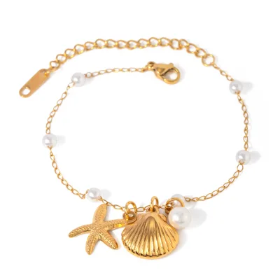 Summer New 18K Gold Stainless Steel Pearl Chain Shell Starfish Pendant Fashionable Bracelet and Necklace Set
