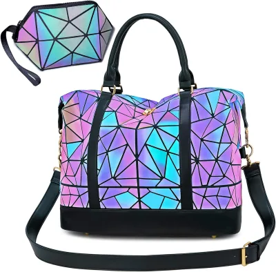 Geometric Luminous PU Material Makeup Bag Travel Weekender Carry on Tote Overnight Duffel for Women