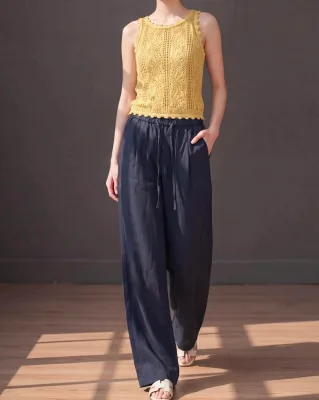 Summer Women's Thin Linen/Cotton Wide-Leg Pants High-Waisted Regular Fit Draped Casual Dark Plain Dyed Anti-Pilling