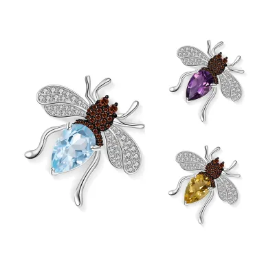 C5202 Abiding Factory Wholesale Fashion Fine Jewelry 925 Sterling Silver Natural Gemstone Insect Bumble Bee Brooches