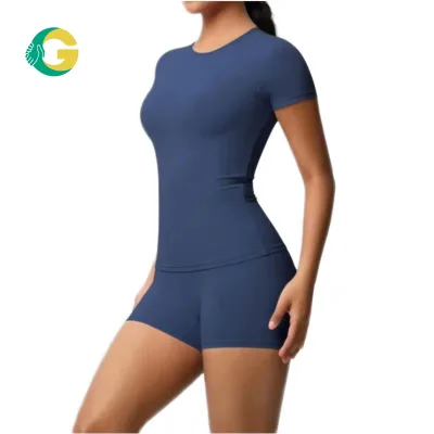 Solid Front Short Sleeve Yoga Set Elastic High Waist Shorts Workout Outfit Gym Activewear for Women Girls