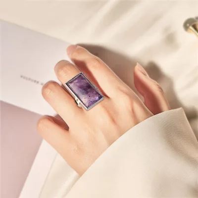 Hot Selling Hand Polished Natural Crystal Rectangle Ring Amethyst Gemstone with Adjustable Metal Band for Gift