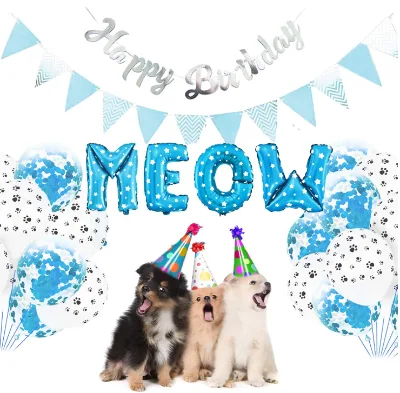 HAPPY BIRTHDAY Banners Hats MEOW Foil Balloons Cat Paw Helium Printed Confetti Balloon Set for Pet Dog Cat Birthday Party Decor