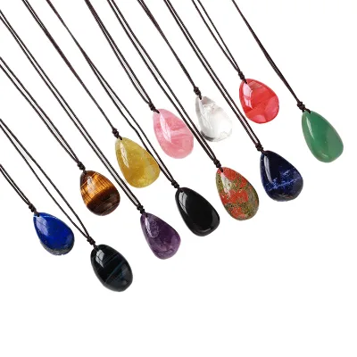 Wholesale Bohemian Design Natural Stone Pendant Rose Quartz Amethyst Drop-Shaped Tumbled Stones Hanging Format Birthday