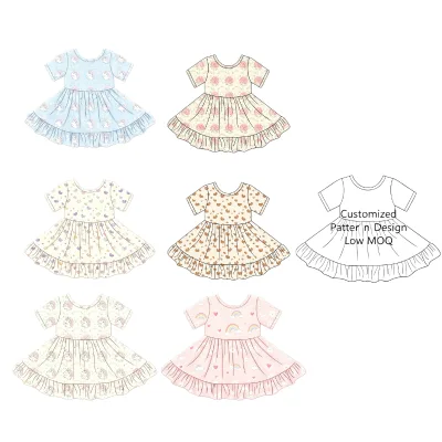 Custom Cute Cartoon Print Girls Short Sleeve Double Ruffle Hem Twirl Dress Eco-friendly Spandex Cotton Kids Clothing