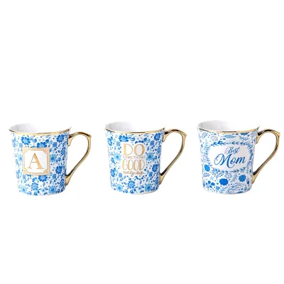 Custom Personalized Blue Floral Ceramic Handmade Gold Handle Mugs Mom Coffee Mug