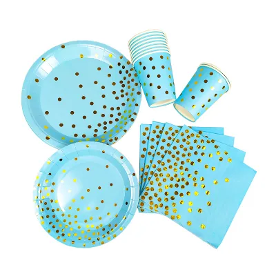 Pink, Blue, White and Gold Foil Polka Dot Party Supplies: 25-Person Paper Cup, Plate and Napkin Decoration Set