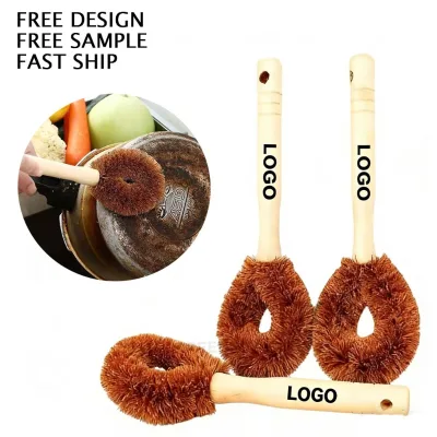 Custom logo Natural Coconut Fiber Pot Scrubber with Wooden Handle Non-scratch Oil-resistant Kitchen Pot Cleaning Tool