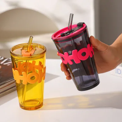 Wholesale Cartoon Glass Cup with Straw Set Accompanying Student Gift Juice Beverage Tea Milk Coffee Cup Summer Hot-selling