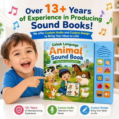 Custom Uzbek Language Finger Touch Smart Talking Book Sound Module Board Book Animal Sound Book Kid's Educational Musical Toy