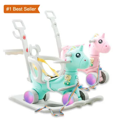 Istaride Children Cute Unicorn Rocking Horse Stroller Flashing Wheel Pram Baby Music Multi-Function Rocking Chair Kids Toys