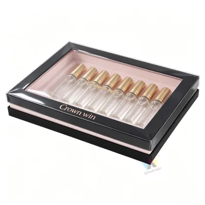 Wholesale Price Support Luxury Perfume Vial Box with Pvc Window Two Piece Gift Box Pink Tray For 8 Glass Vial cosmetic Box