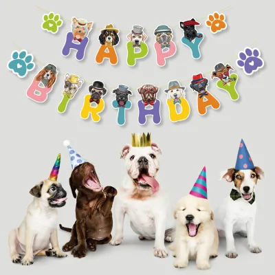 Pet Birthday Flag Party Banner Cartoon Dog Pattern Happy Birthday Alphabet Birthday Flag