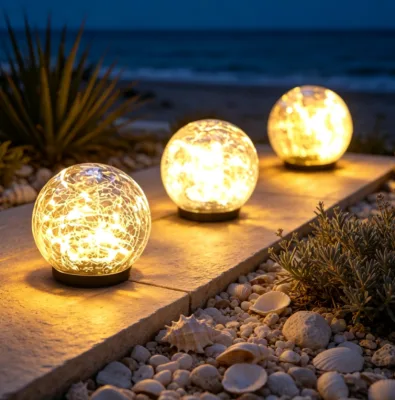 LED Solar Garden Lights Round Ball Polysilicon Outdoor Waterproof IP65 White Warm Color Solar Powered Stake Light for Decoration