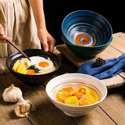 Matte Black Ramen Bowl Ceramic Porcelain Hand Painted Noodle Soup Bowl Deep Blue Spiral Asian Kitchen Restaurant Serving Bowl