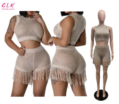 Summer 2025 Women Short Sexy Hot Girl SetCrop Tank Top and Tassel Shorts Set Sexy Hollow Out Knit 2 Piece Sets for Women