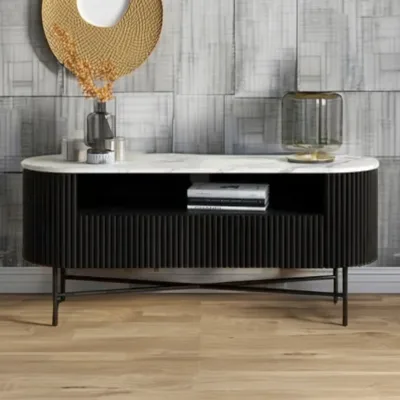 Modern Ribbed Design Wood TV Stand with Marble Top Metal Legs 55\" TVs Home Bedroom Living Room Furniture with Storage Panel