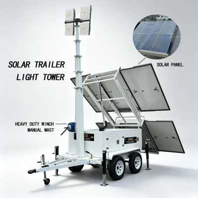 500W Solar Panel Mobile Light Tower Manual Mast 7 Meters Height High Power LED Lamps Lighting