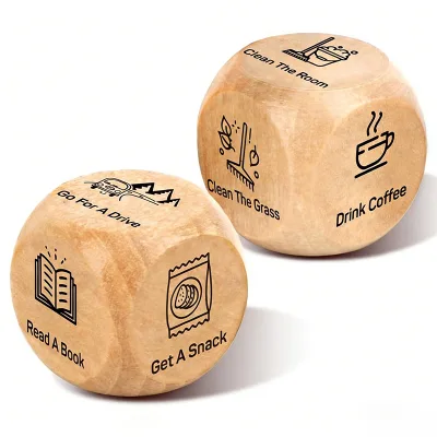 Factory Custom Handmade Eco-Friendly Durable Wooden Dice Carved Laser Engraving Nature Theme Daily Activity Icons Family