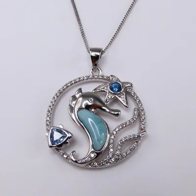 Wholesale 925 Sterling Silver Hippocampus Shape Fashion Pendant Natural Larimar Pendant